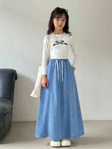 Chân váy denim ngắn có túi, dây rút, eo dành cho bé gái tuổi teen, kiểu dáng thường ngày, đa năng. - Rửa nhẹ - Xem 4