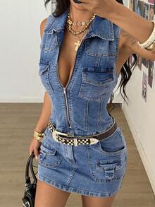 StreetHx 女士修身复古性感牛仔连衣裙 - 中等水洗藍 - 查看 1