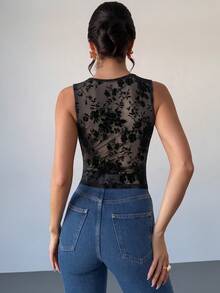 Firerie Elegant Lace Collar Splice Flocked Mesh Elastic Fabric Blouse For Women - Black - View 2