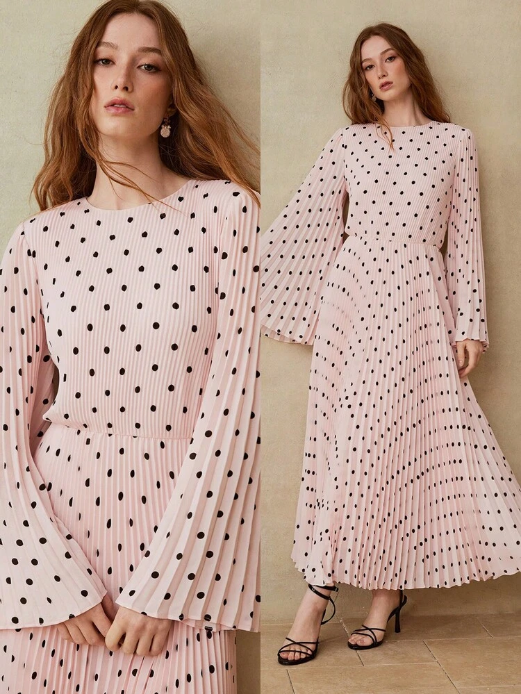 WOMEN'S POLKA DOT PRINT PLEATED ELEGANT LONG SLEEVE DRESS, SUITABLE FOR SPRING/SUMMER