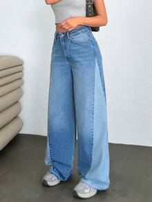 EURMUSE Women's Pocket Button Casual Versatile Daily Wear Wide Leg Jeans - Navy Blue - View 3