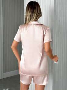 EURMUSE Set Heart Embroidery Contrast Binding PJ Set / Pajama Set - Pink - View 2