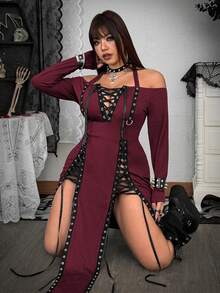 Whyspr Plus Size Women's Halter Neck Criss-Cross Tie Slit Dress - Burgundy - View 5