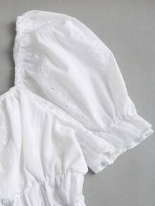 SHEIN Sweetro Women's Embroidered Hollow Out Tie Waist Short Sleeve Blouse, Spring/Summer - White - View 4