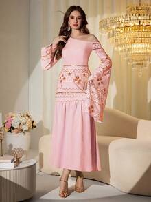 Modelyn Bata de estilo árabe de Oriente Medio con bordado de lentejuelas y patchwork, bata larga tradicional - Rosa - Ver 3