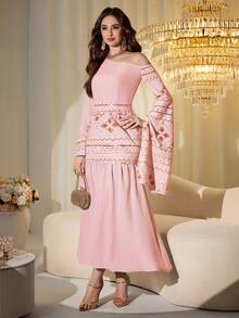 Modelyn Bata de estilo árabe de Oriente Medio con bordado de lentejuelas y patchwork, bata larga tradicional - Rosa - Ver 4