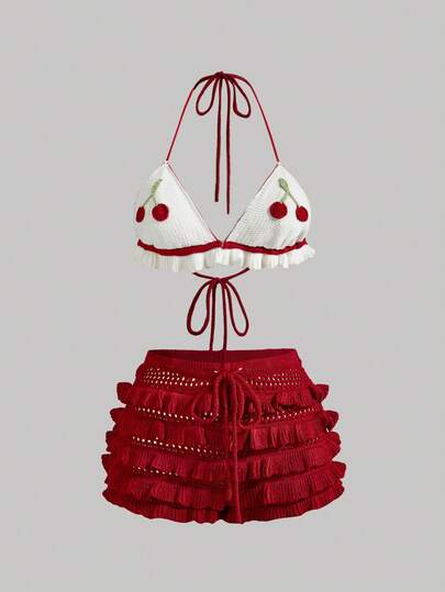 ROMWE Kawaii 可爱度假风露背钩针樱桃层叠蛋糕迷你裙针织两件套