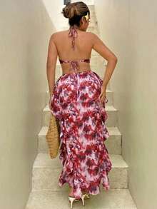 SHEIN SXY Plus Size Red Floral Tie-Dye Chiffon Ruffled Halter Dress With High Slit And Open Back; Long Swing Dress With Cutout Trim.Fashionable,Elegance,Sexy,Vacation,Valentine's Day,Wedding Guest,Vintage,Party,Prom,Printemps à été,Going Out,Vintage,Spring To Summer,Elegant Dresses For Women,Holiday Dress, Boho,Casual Dresses For Women,Festival Dress,Street Style Outfits - Multicolor - View 3