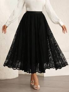 Modelyn Black Elastic Waist Lace Loose Skirt For Women - Black - View 4