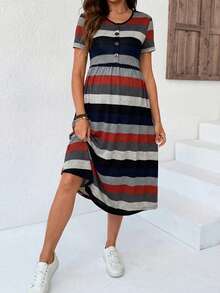 SHEIN Maternity Casual Striped Print Short Sleeve Dress - Multicolor - View 4