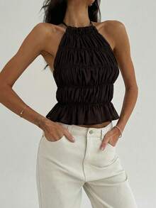 Aloruh Women's Adjustable Halter Tie Ruched Layered Semi-Sheer Romantic Date Cropped Camisole - Mocha Brown - View 6