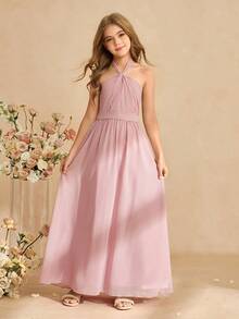 Đầm chiffon không tay thanh lịch dành cho bé gái, thích hợp làm phù dâu, dự đám cưới, dạ hội, tiệc sinh nhật, tiệc chiêu đãi. - Hồng - Xem 4