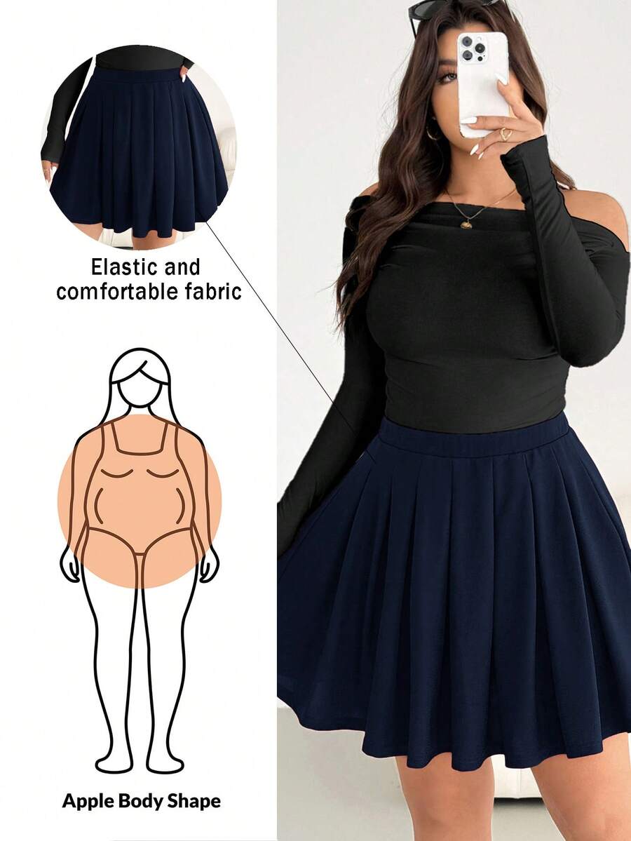 Shapeblank 大码女装秋冬时尚休闲宽松舒适日常百搭显瘦红色百褶中长裙，秋季，女装下装，圣诞节，新年 - 藏蓝色 - 查看 1