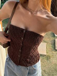 Livesso Áo quây nữ dáng ngắn ôm sát, họa tiết kẻ caro màu nâu bóng, thích hợp cho mùa xuân hè, các lễ hội âm nhạc, ngày Valentine, hoặc kỳ nghỉ biển. - màu nâu - Xem 7