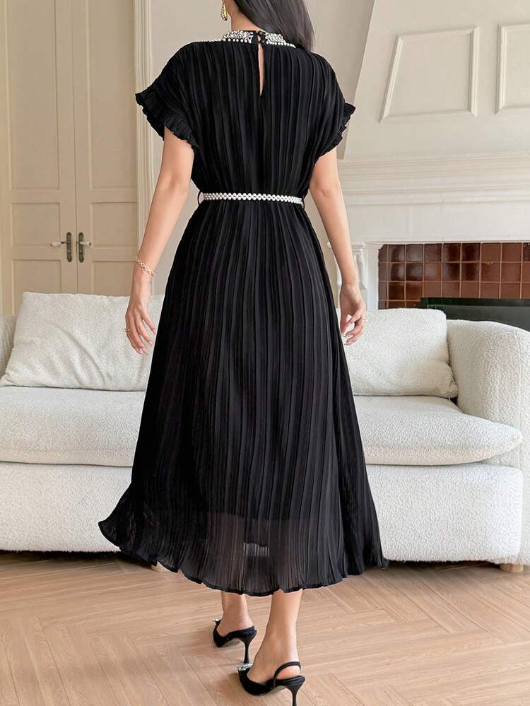 Beaded Round Neck Dress Women Summer Cinched Waist Pleated Elegant Dress Sundress
