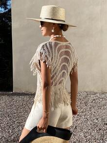 DAZY Women's Crochet Hollow Out Bohemian Style Boho Cover Up Cover Up For Summer Vacation Beach White Sequin - Beige - View 2