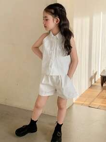 DAZY Bộ đồ mùa hè cho bé gái, kiểu dáng đơn giản, màu trơn, không tay và quần short denim rộng rãi, thích hợp đi làm hàng ngày. - trắng - Xem 8