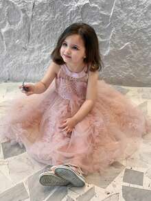 DAZY 女童无袖圆领网纱连衣裙，少女秋季服装 - 粉色 - 查看 3