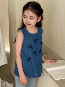 DAZY Áo denim cho bé gái với nơ trang trí, trang phục mùa thu. - Màu xanh lam - Xem 4