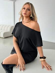 Auralis 女士大码派对连衣裙、黑色休闲连衣裙、露肩连衣裙、单肩连衣裙、女士秋季连衣裙、休闲连衣裙、露肩连衣裙、黑色迷你连衣裙、外出连衣裙 - 黑色 - 查看 5