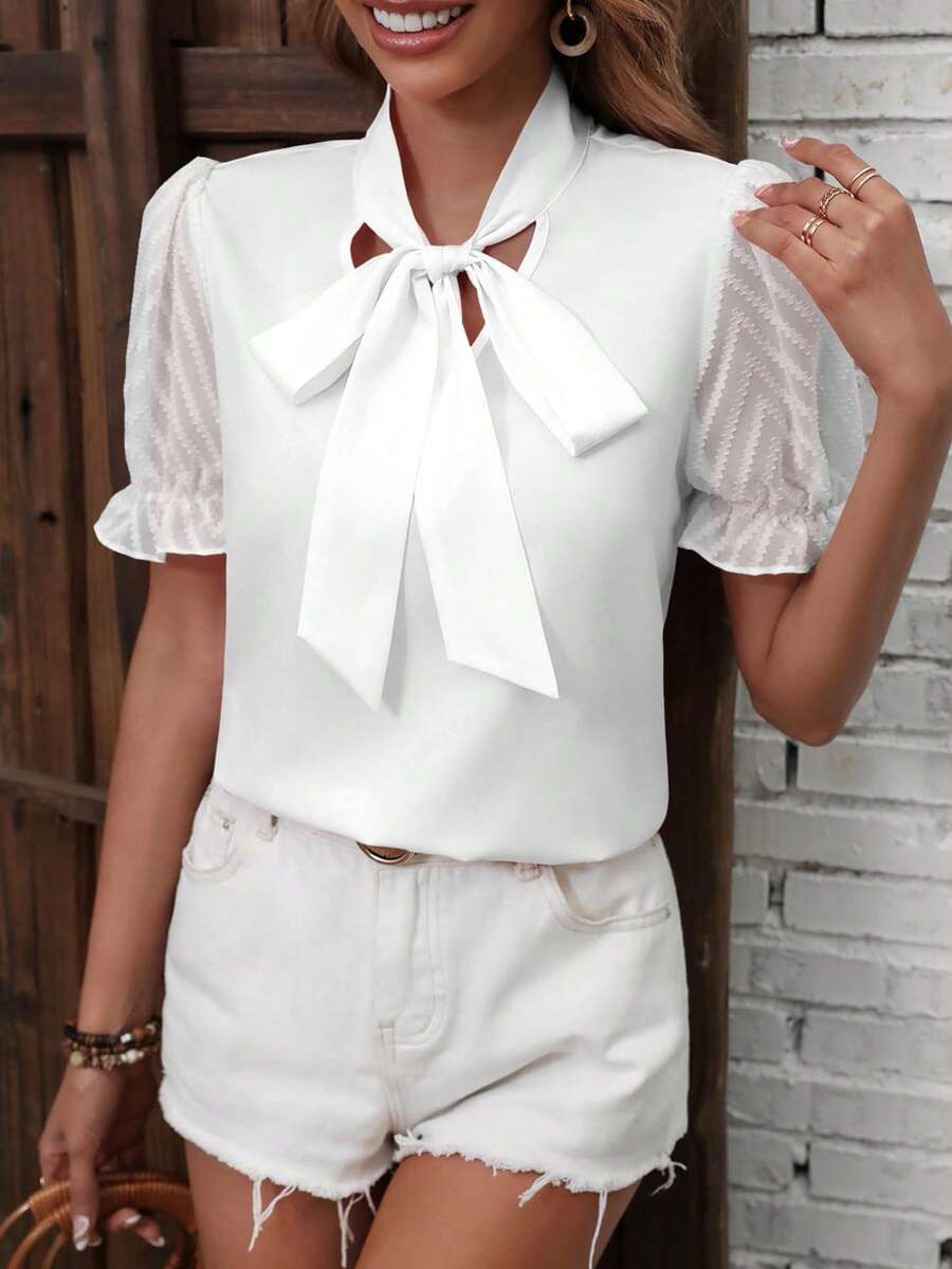 SHEIN Clasi Áo sơ mi ngắn tay đơn sắc tối giản dành cho nữ, thích hợp mặc hàng ngày. - trắng - Xem 1