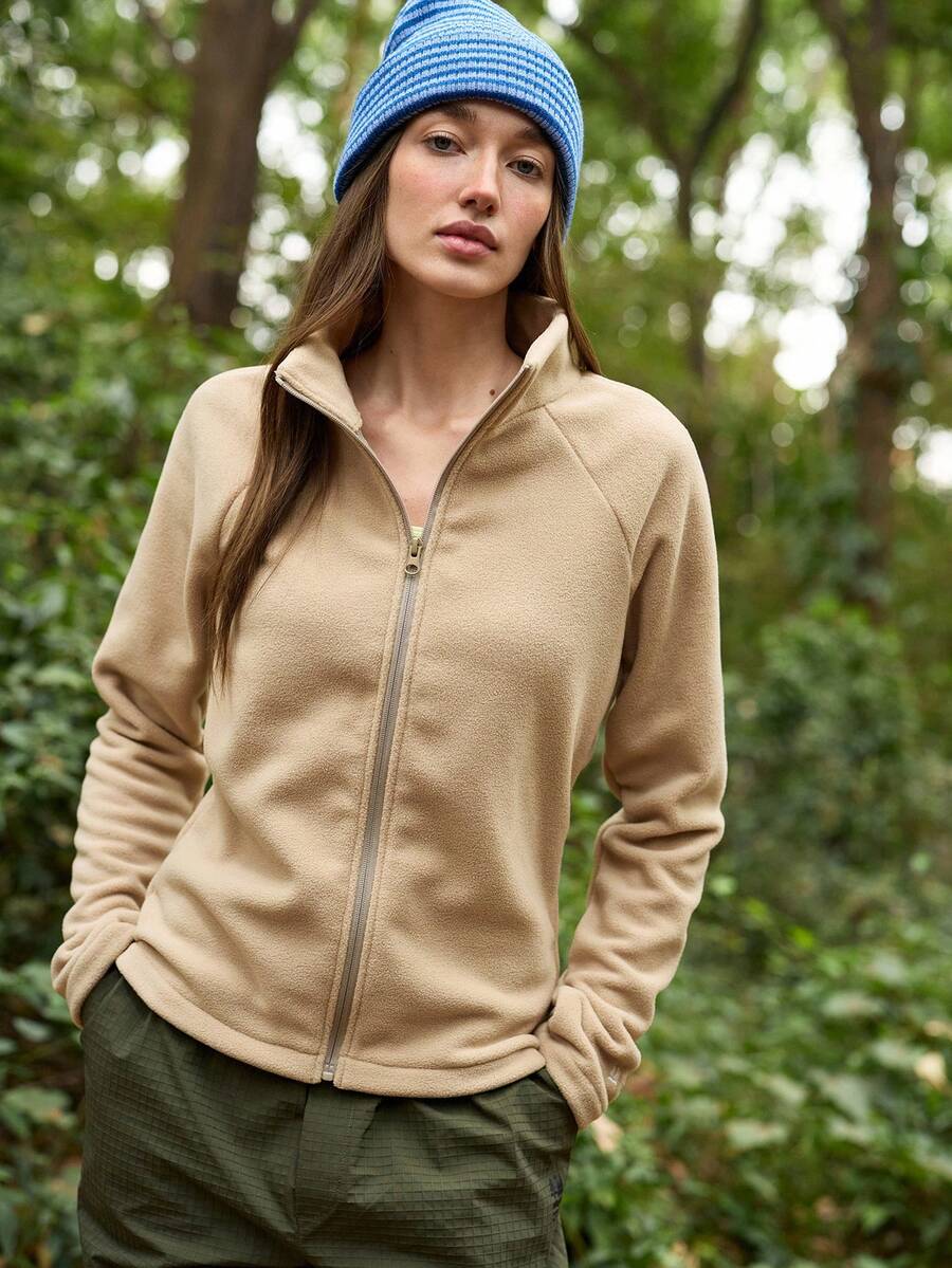 In My Nature Women's Solid Color Raglan Sleeve Zipper Front Outdoor Fleece Jacket Hiking Tops For Women Gym Zip Up Jacket Women's Outdoor Clothes Fleece Jacket Women Khaki Jackets - Brown - View 1