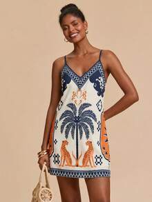 Travachic Women Boho Tropical Print Sleeveless Mini Tunic Dress With Spaghetti Strap Neckline And Wrap Details - Multicolor - View 4