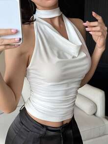 DAZY Elegant Party White Draped Neck Fitted Solid Color T-Shirt For Women, Spring & Summer - White - View 6
