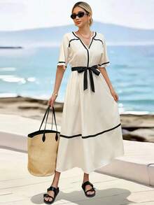 Balvessa Women's Casual Vacation Style Notch Collar Contrast Piping Belt Long Dress, Suitable For Spring, Summer And Autumn - Apricot - View 3