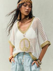 SoleilVie 女士夏季度假V领短袖镂空针织上衣 - 卡其色 - 查看 8