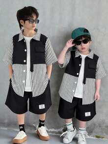 2件套幼儿男童黑白条纹二合一撞色短袖衬衫短裤套装，适合春夏季节、郊游、情人节、约会、旅行、度假、家庭聚会、返校、婚礼、晚会、运动、生日派对等场合。 - 彩色 - 查看 3