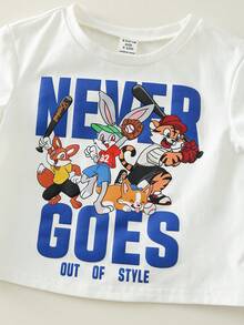 2pcs/Set Baby Boy Summer Cute Casual Knit Cartoon Rabbit Print Short Sleeve T-Shirt And Relaxed Shorts Set Baby Boy Summer Outfit Blue Shorts - Multicolor - View 7