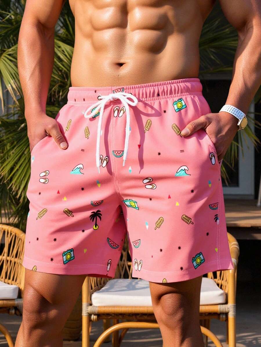 Manfinity Swimmode 男士夏季度假印花抽绳腰带沙滩短裤 - 粉色 - 查看 1