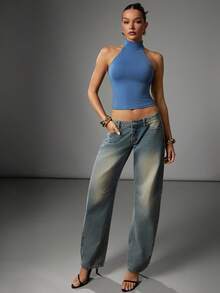 Hauture Atasan Tank Top Wanita Polos Model Crop Pas Badan Kasual dengan Leher Halter - Biru - View 5