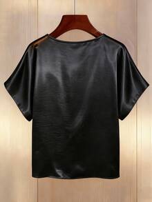 Franclia Große Größen Elegante Satin Plissee Bluse mit Strass-Knöpfen für Damen - Schwarz - Übersicht 2