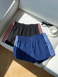 SHEIN EZwear 2条装女士弹力腰带条纹宽松休闲运动短裤，适合日常街头穿搭，夏季百搭 - 彩色 - 查看 3