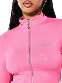 BABYPHAT Long Sleeve High Neck Zip Up Track Jacket With Rhinestone Embellishments And Fitted Jersey Construction - Pink - View 6
