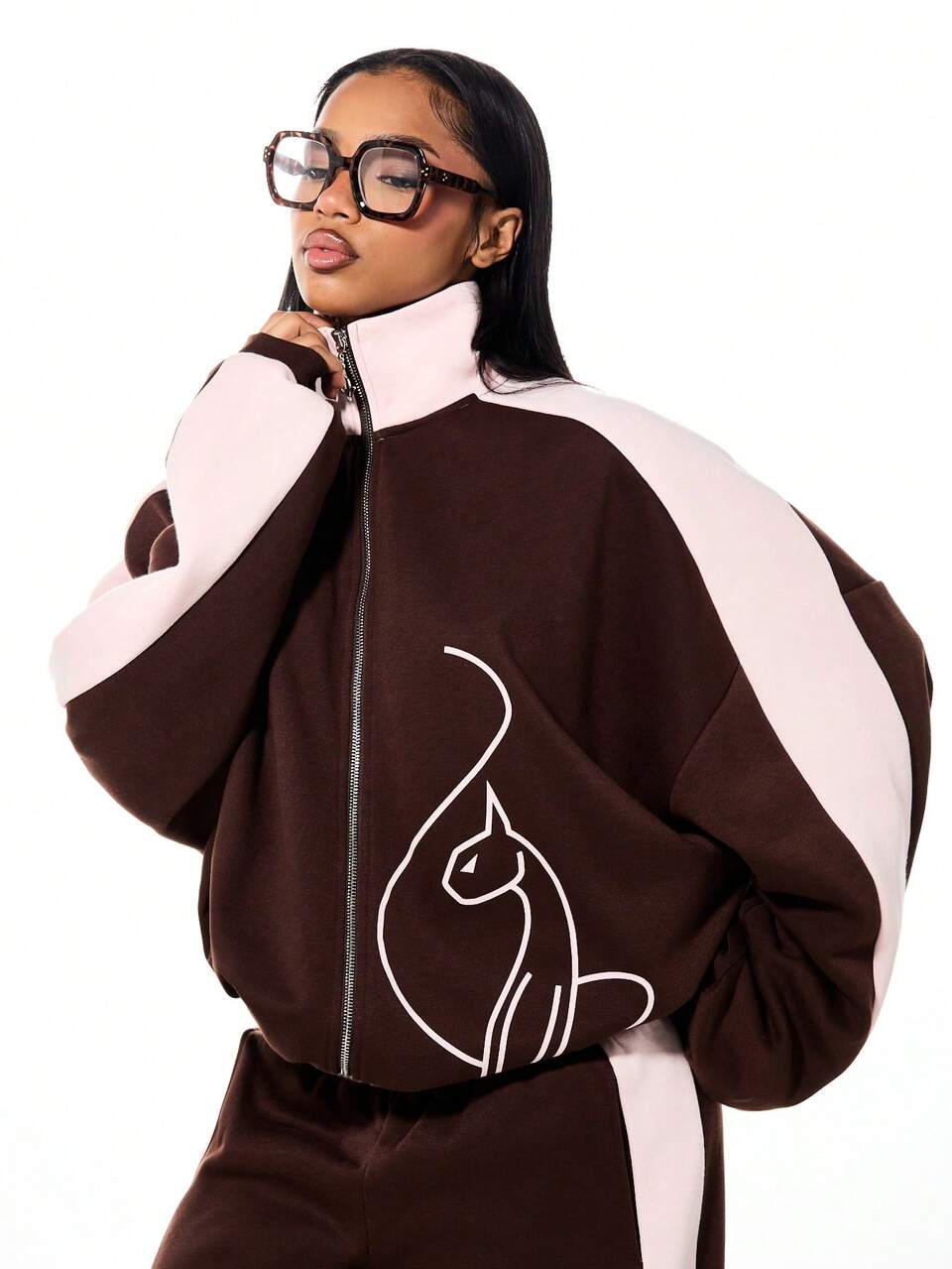 BABYPHAT 오버사이즈 컬러 블록 지퍼업 스웨트셔츠, 추상적인 라인 프린트 디테일 및 깔때기 목