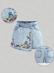 Girlism 少女款蓝色牛仔短裙，饰有花卉刺绣图案 - 淺色水洗藍 - 查看 1