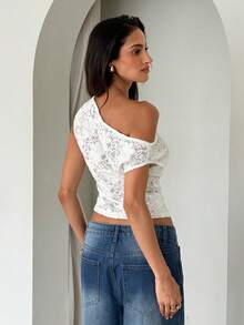 Aloruh 女士优雅露肩修身薄纱蕾丝衬衫 - 白色 - 查看 7