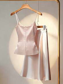 Franclia Women's V-Neck Pleated Camisole Top And A-Line Skirt Set, Elegant And Sexy Outfit For Parties, Daily Wear, Dates, Minimalist Design - Champagne - View 2