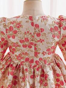 SHEIN Glamorique Kids 女童公主裙，长袖，粉色花朵提花面料，蝴蝶结，质感面料，高贵优雅，中东、欧美风格，华丽裙摆，婚礼、节日、派对、舞会礼服、优雅派对礼服 - 粉色 - 查看 3