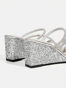 CUCCOO TILAWA Giày sandal đế xuồng cao gót trong suốt đính đá và nơ thời trang nữ. - Bạc - Xem 5