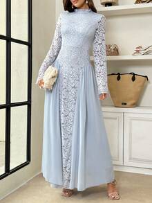 Modelyn 女士蕾丝拼接立领荷叶边下摆优雅长袖中长连衣裙 - 藍色 - 查看 2