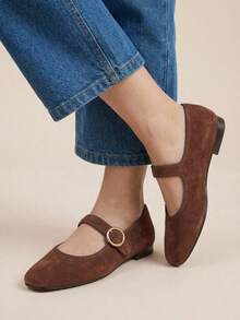Mary Jane Chaff Ballerina Coffee With Decorative Buckle - Brown - View 2