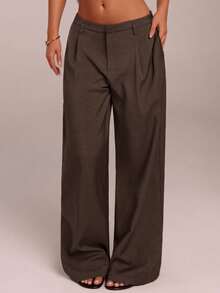SHEIN Tall CURVE Quần ống rộng xếp ly màu trơn dáng suông thoải mái dành cho nữ cỡ lớn - màu nâu - Xem 3