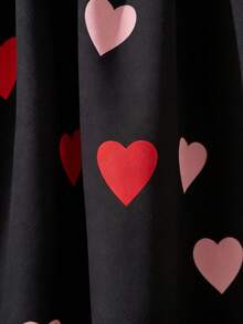 SHEIN LUNE Women's Valentine's Day Heart All-Over Print Midi Skirt,High-Waisted Elastic Waist Flared Long Skirt,Black And Pink,Autumn,Conservative,Beach,Holiday - Multicolor - View 4