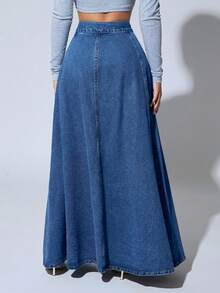 Slaydiva Plus Size Solid Color Button Pleated Casual Versatile Denim Skirt - Blue - View 5