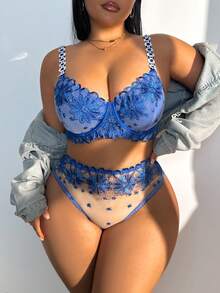Plus Size Sexy Embroidered Floral Strap Bra + Panty 2 Pieces Set Sexy Two Piece Set High Waist Lingerie Set See Through Two Piece Set Lingerie Two Piece Set - Blue - View 1