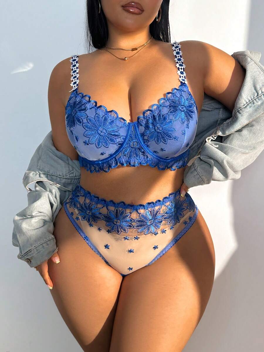 Plus Size Sexy Embroidered Floral Strap Bra + Panty 2 Pieces Set Sexy Two Piece Set High Waist Lingerie Set See Through Two Piece Set Lingerie Two Piece Set - Blue - View 1